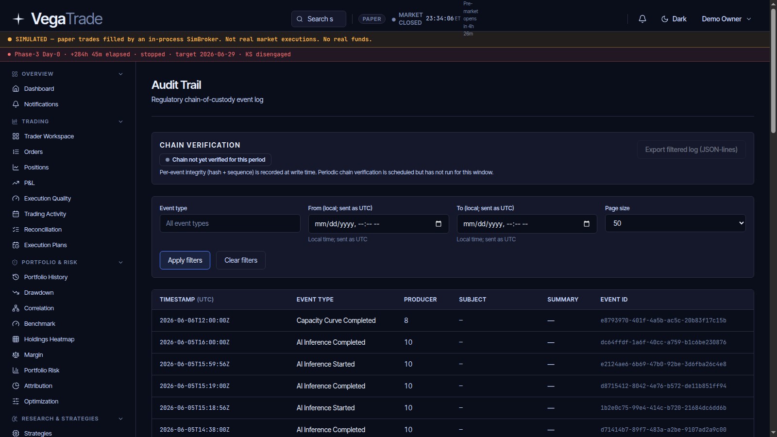 VegaTrade Audit Trail explorer showing the regulatory chain-of-custody event log with chain verification status, event-type filters, producer IDs, and per-event identifiers including AI inference events