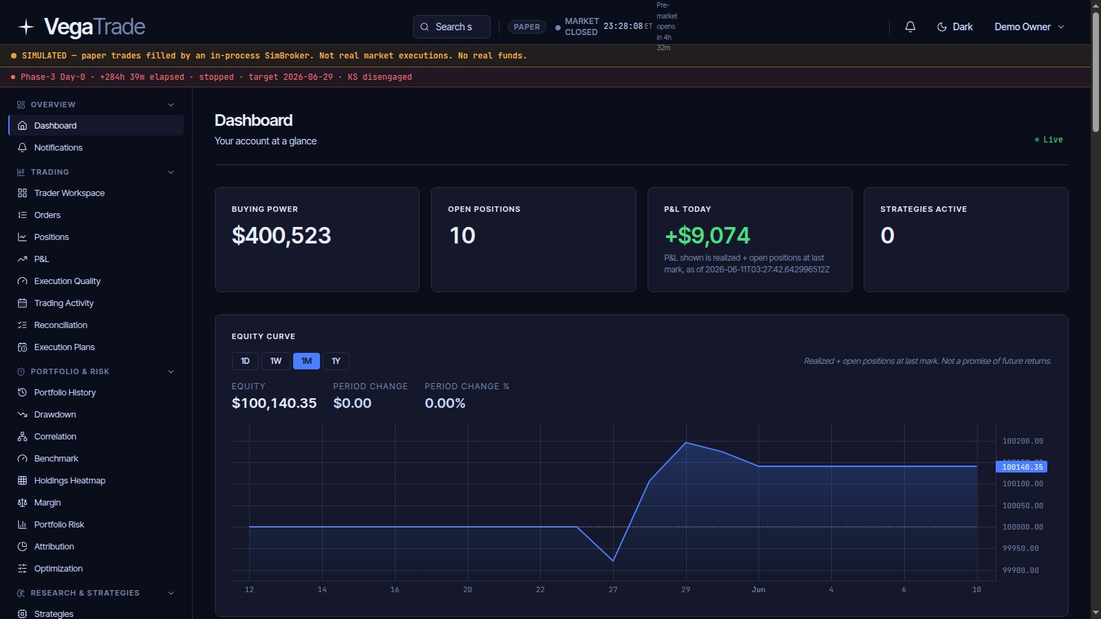 VegaTrade dashboard with buying power, open positions, P&L, equity curve, and a prominent banner stating the environment is simulated paper trading with no real funds
